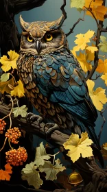 Realistic Rendering of Yellow Owl on Tree Branch AI Image