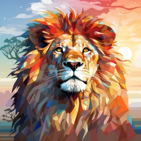 Stylized Lion at Sunset - A Colorful Geometric Masterpiece AI Image