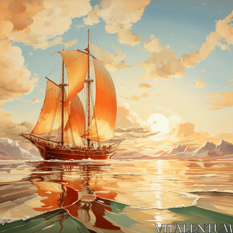 Vintage Ship Sailing on Aquamarine Sea Illustration AI Image