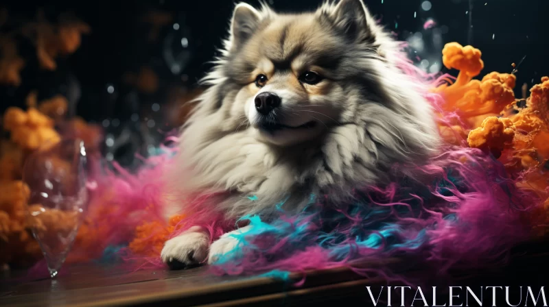 Whimsical Pomeranian in Silver and Magenta Smoke AI Image