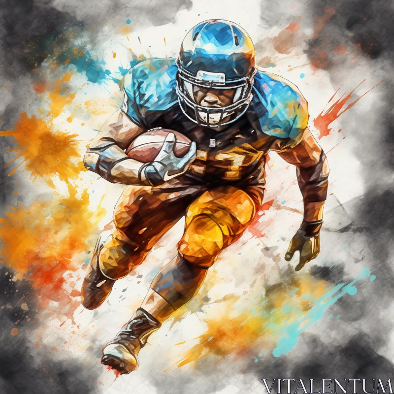 American Football Player in Action: Watercolor Artwork with Dark Cyan, Light Amber, and Gray Shades AI Image