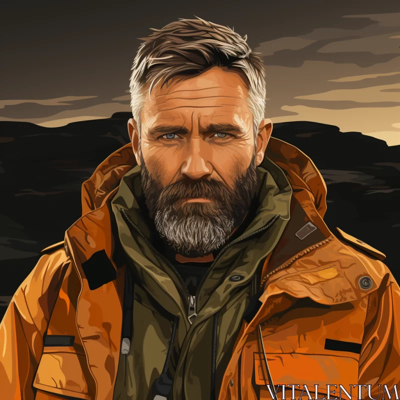 Bearded Man in Orange Jacket: Realistic Hyper-Detailed Portrait in Norwegian Wilderness AI Image
