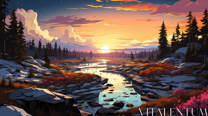 Cartoon-Style Wilderness Scene with Sunset and River AI Image