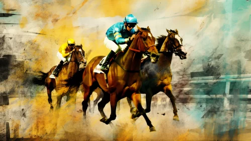 Dynamic Horse Race Painting in Vibrant Colors & Modern Digital Collage Technique AI Image