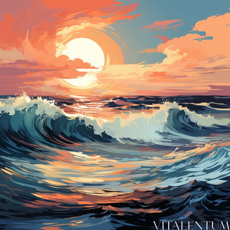 Sunset Over Stormy Seascape in 2D Game Art Style AI Image