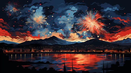 Urban Impressionism Fireworks Over Water and Mountains AI Image
