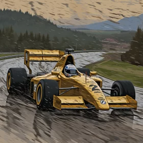 Gold Race Car in Rain: Blend of Realism & Neogeo Art  - AI Generated Images AI Image