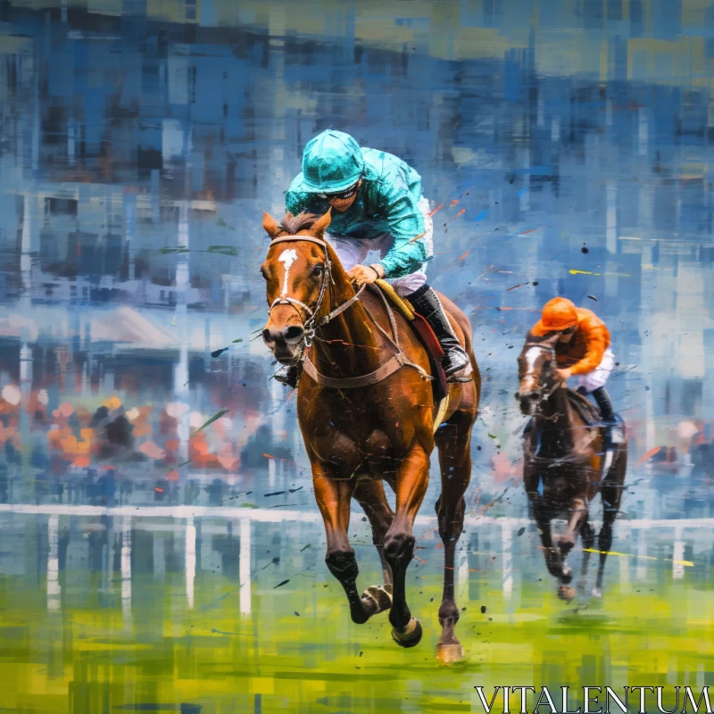 Intense Horse Race in Vibrant Colors Captured with Tokina Opera 50mm Lens AI Image