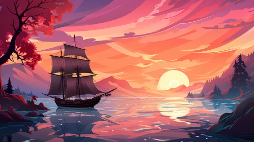Ancient Boat Sailing Under Gradient Sunset - 2D Cabincore Game Art AI Image