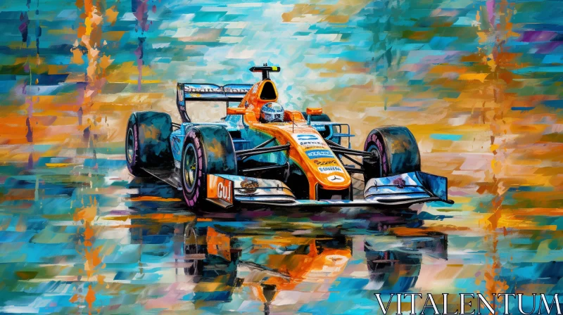 Dramatic Oil Painting of Formula 1 Racing Car on Rainy Track  - AI Generated Images AI Image