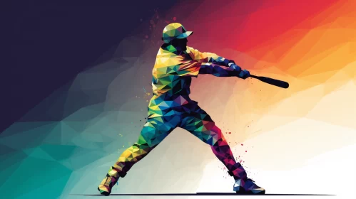 Low Poly Baseball Player Mid-Swing with Abstract Background AI Image