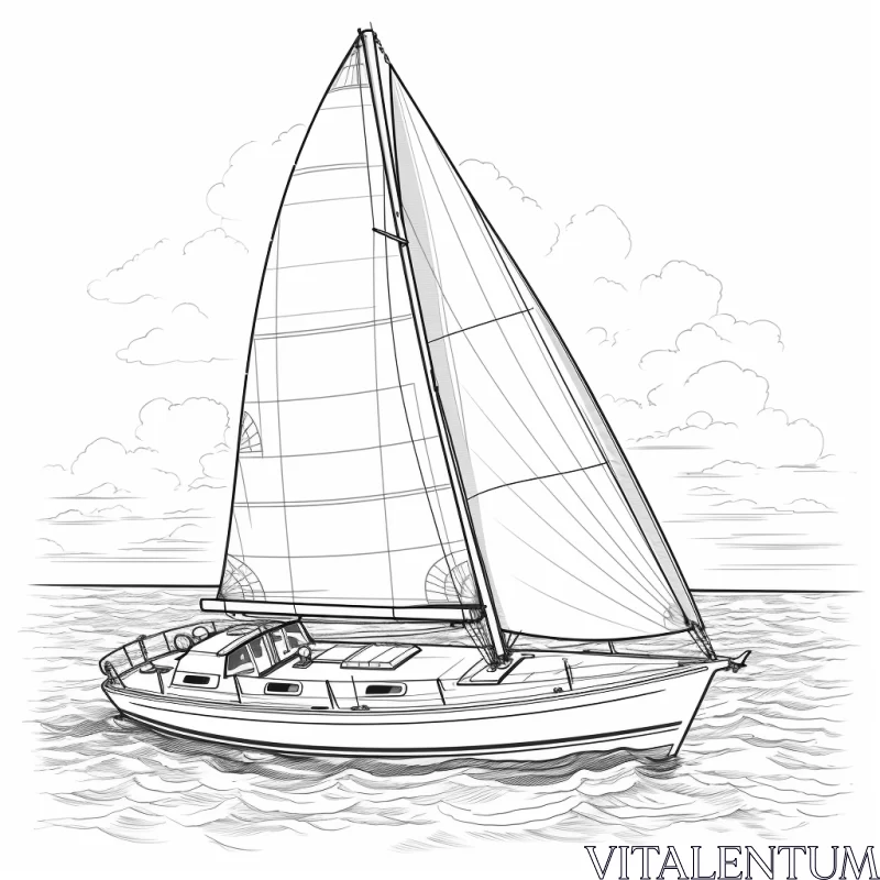 Monochrome Illustration of Sailboat in Sea with Vibrant Sky and Dynamic Ocean AI Image