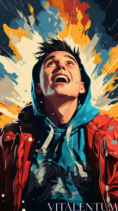 Vibrant and Energetic Hyper-Realistic Pop-Art Fusion Illustration of a Laughing Man in an Air Stream AI Image