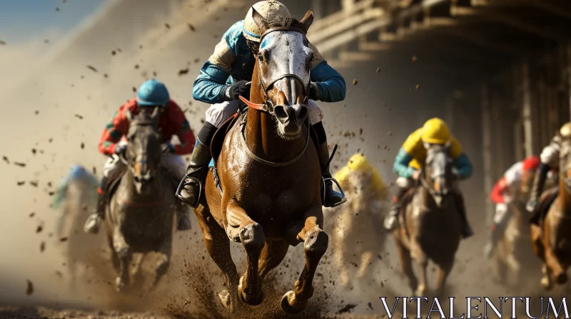 8K IMAX Horse Race Image in Precisionism Style with Gold & Sky-Blue Hues AI Image