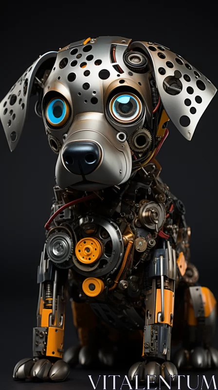 Close-Up View of Mechanical Dog Made from Gleaming Gears and Wheels AI Image