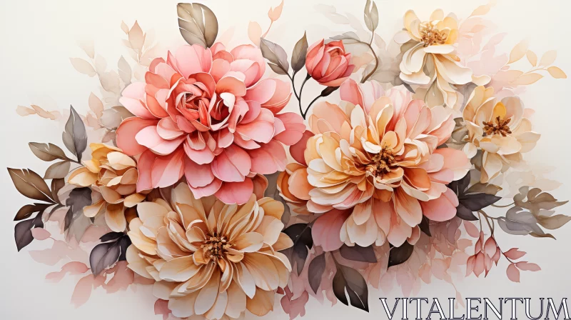 Floral Art: A Meticulous Illustration of Pink and Beige Flowers AI Image