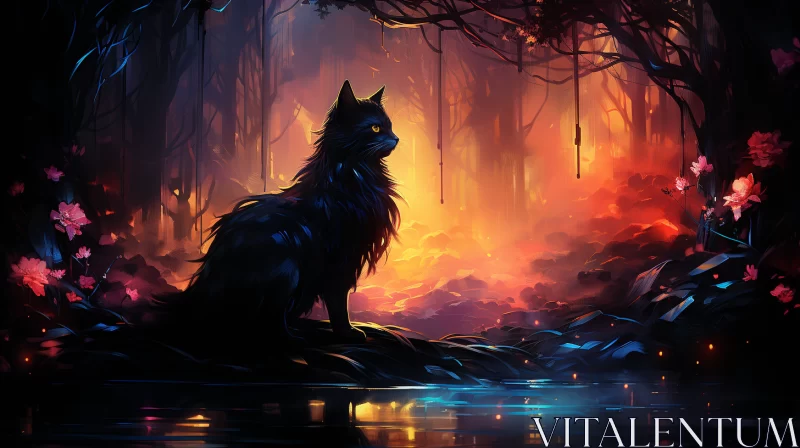 Mystical Forest Scene with Fire Reflecting Black Cat AI Image