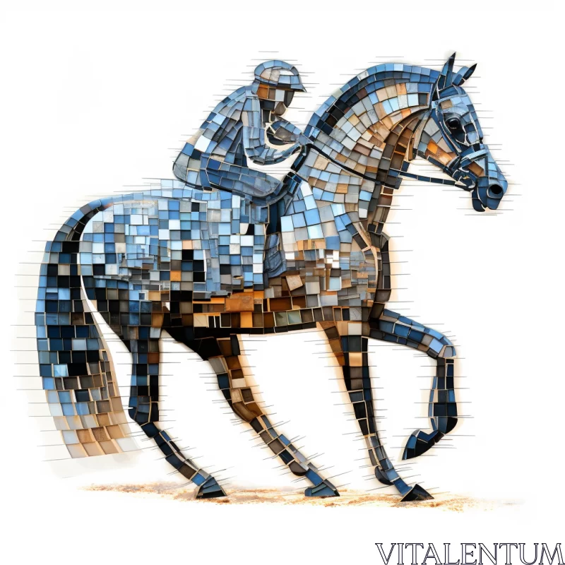 Indigo Horse Gallop Mosaic Tile Pattern with Light Bronze Rider in Hyperrealistic Style AI Image
