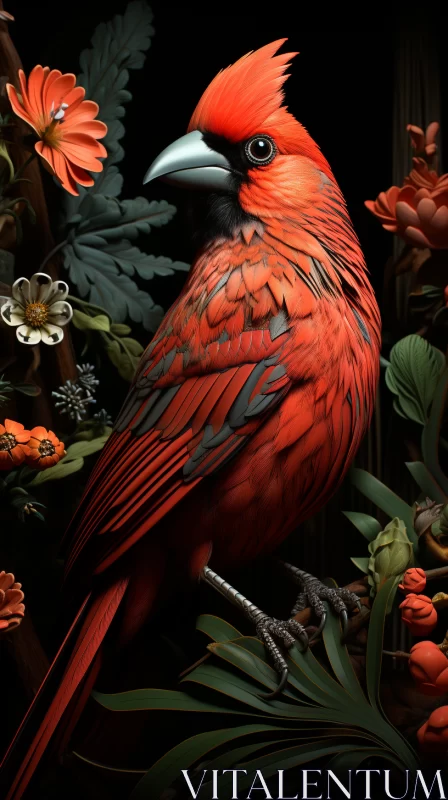 Magnificent Large Red Bird Perched on Lush Green Leaves - Realistic and Hyper-Detailed Artwork AI Image