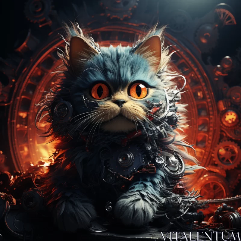 Steampunk Liquid Metal Cat in Clock with Gothic Backdrop AI Image