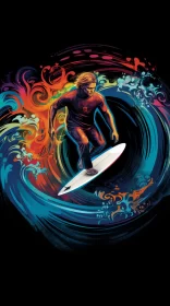 Striking Visual Narrative of a Surfer Gliding Through Colossal Wave with Vibrant Swirling Colors, De AI Image