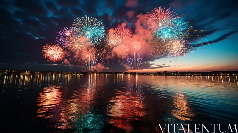 Fireworks Over Reflective Water in Richly Colored Skies AI Image