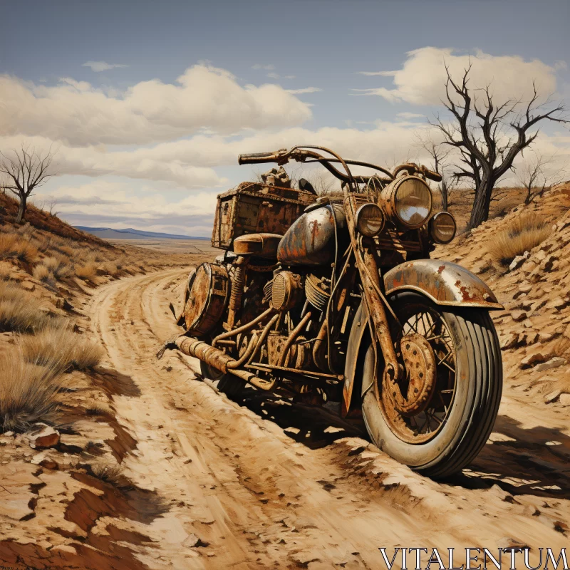 Antique Motorcycle on Desolate Road with Steampunk Aesthetic AI Image