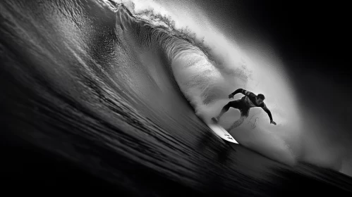 Black and White Striking Image of Lone Surfer on Pebbled Beach with Tumultuous Sea and Sleek Surfboa AI Image