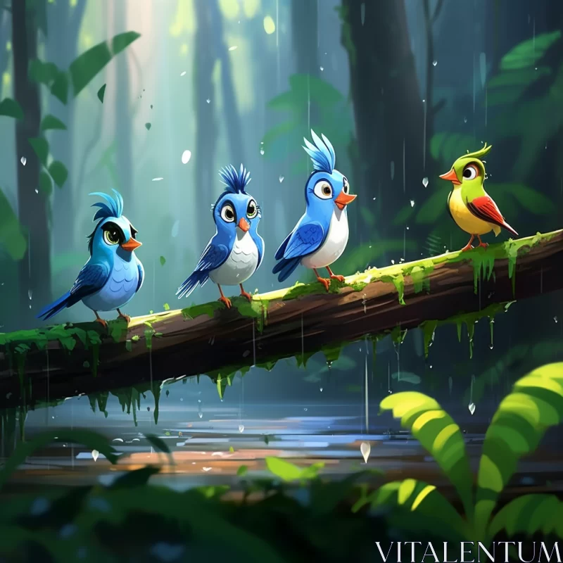 Captivating Rainforest Birds Perched on a Branch - Lushness and Playfulness in Cartoonish Character  AI Image