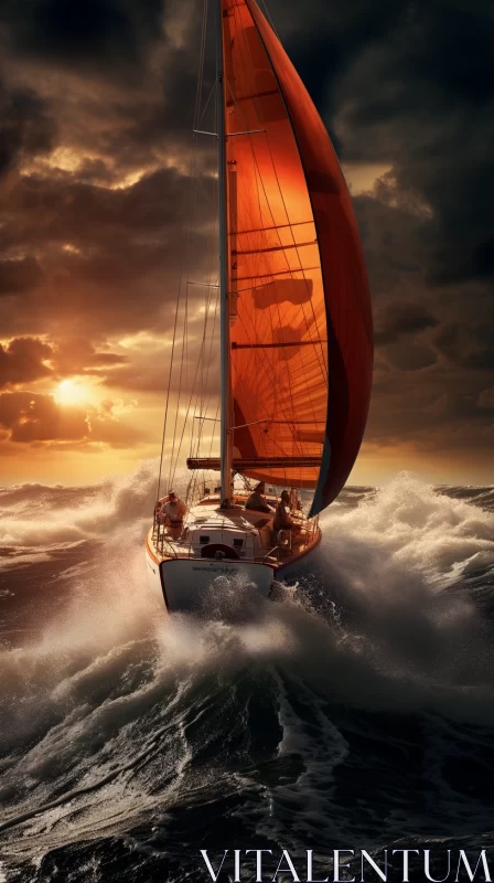 AI ART Dramatic Orange Sailboat in Turbulent Sea - Photorealistic Digital Art