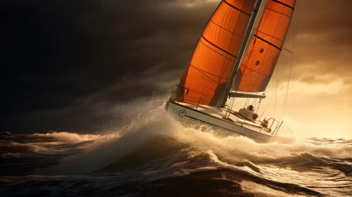 Dramatic Sailboat Scene in Stormy Sea Rendered in Cinema4D AI Image