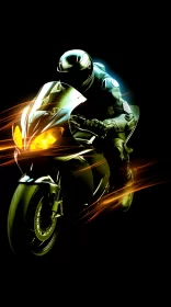 Mid-Action Motorcycle Rider Silhouetted Against Dark Sky in Digitally-Enhanced Image AI Image