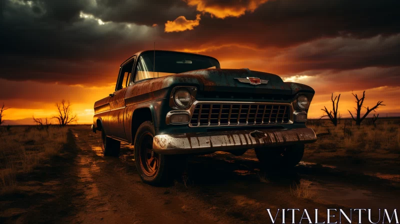 Old Truck in Dramatic Landscape: A Carcore & Horror-Inspired Portrait - AI Art images AI Image