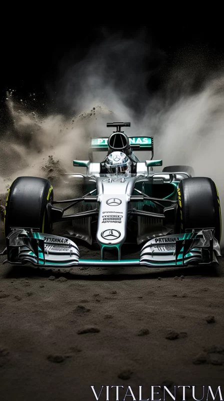Turquoise Mercedes-Benz F1 Car Speeding in Desert at Sunset  - AI Generated Images AI Image