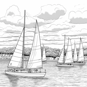 Detailed Monochrome Sailboats Racing Illustration with Rich Hued Sky AI Image