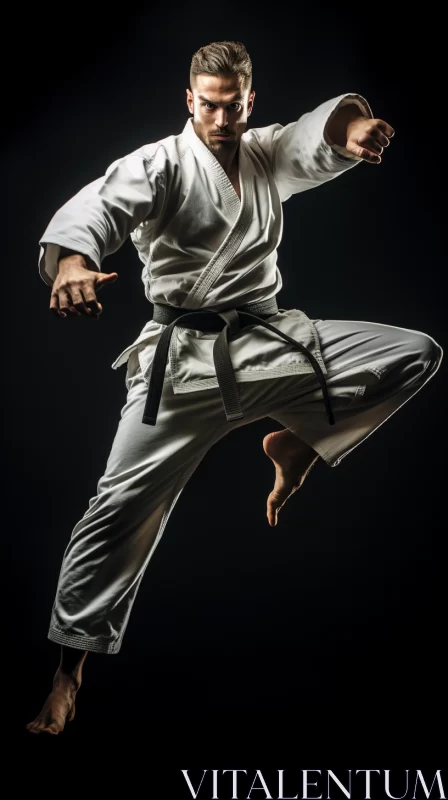 Dynamic Karate Pose in White Uniform against Dark Background AI Image