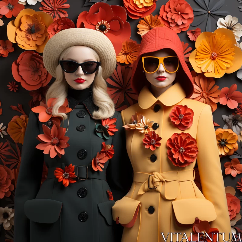 AI ART Fashionable Women in Colorful Coats by Floral Background