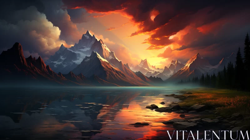 Majestic Mountain Sunrise and Calm Lake Reflection in Fantasy Landscape AI Image