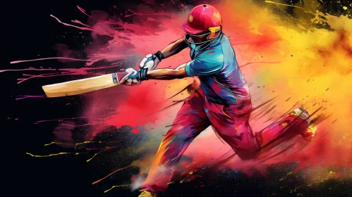 Vibrant Cricket Batter Mid-Swing in Bold Graphic Style AI Image