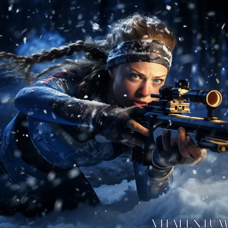 AI ART Woman in Blue Amidst Snowy Landscape with Sci-fi Weapon