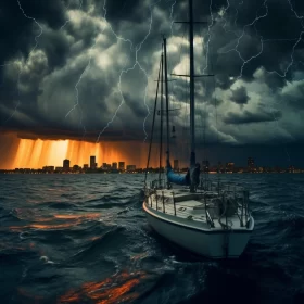 Dramatic Storm Battle in Atlantic Ocean Under Surreal Cityscape AI Image