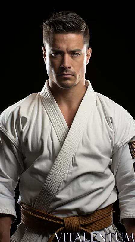 Intense Gaze of Man in Traditional Karate Uniform Against Stark Black Background AI Image