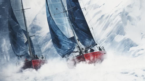 Winning Digital Painting of Sailboats in Snowy Landscape AI Image