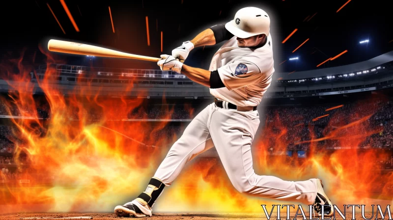 Action-Packed Baseball Player Swinging Bat in Fiery Backdrop AI Image