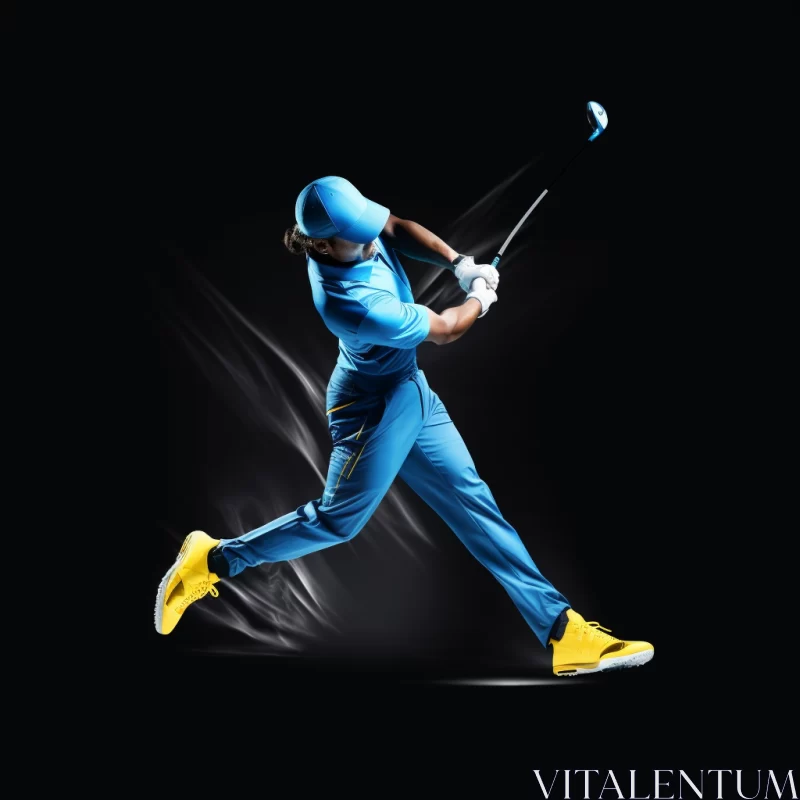 Dynamic Golf Swing Captured in Vibrant Blue and Yellow AI Image