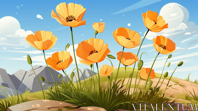 Orange Poppies on a Mountain Landscape Illustration AI Image