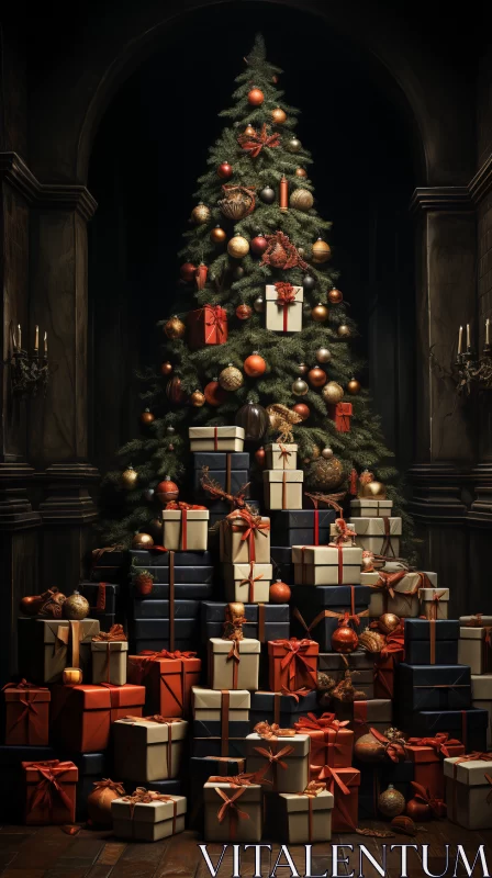 Christmas Tree with Gifts in a Dark Room: A Medieval-Inspired Artwork AI Image