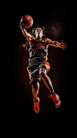 Dynamic Basketball Player Mid-Air Shot in Surreal Lighting AI Image