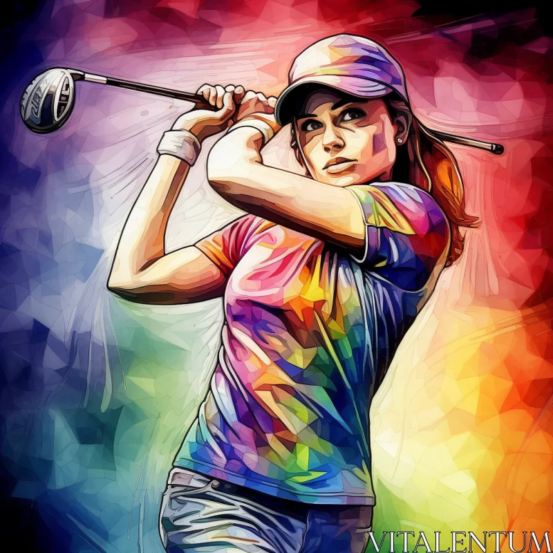 Impressionist Watercolor Painting of Woman Golfer on Chrome-Plated Golf Course AI Image