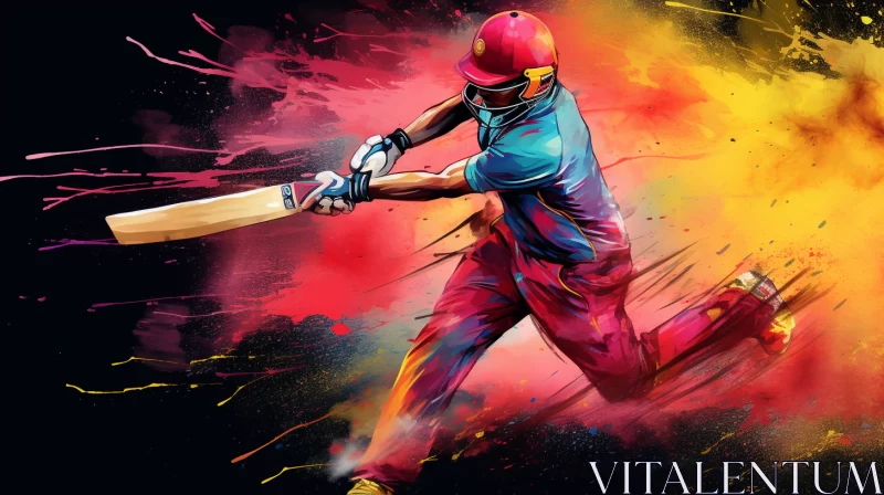 AI ART Vibrant Cricket Batter Mid-Swing in Bold Graphic Style